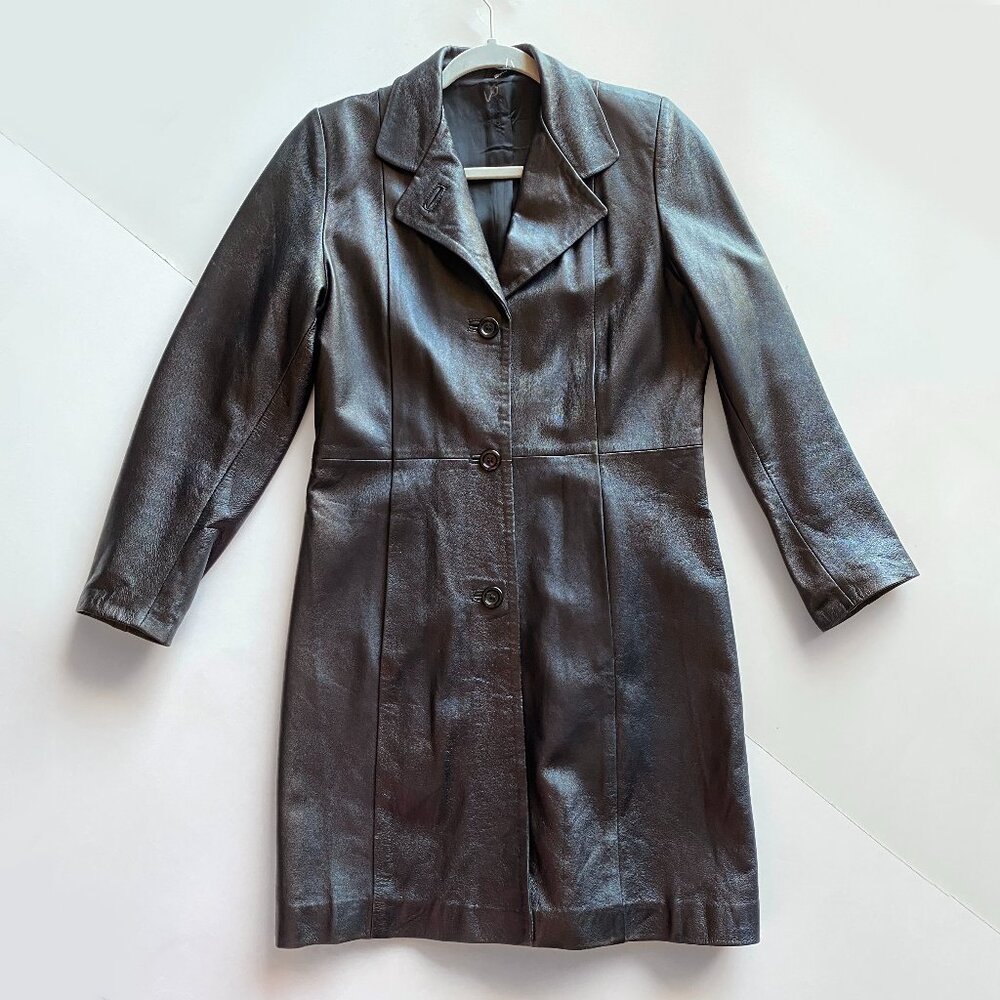 Vintage Gazelle Italy Black Leather Coat Womens Small Long Button Front Jacket